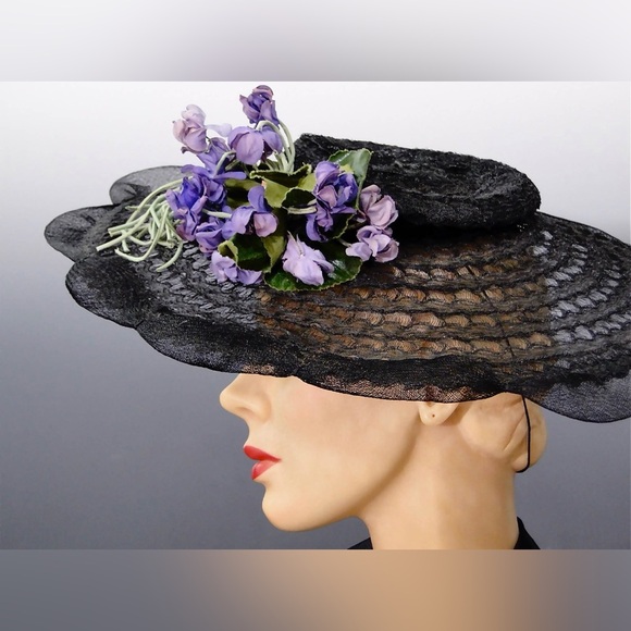1940s cartwheel hat wide brim black crinoline horse hair with millinery flowers main image 7